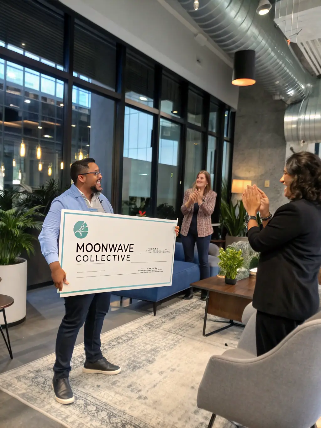 A high-quality image of a startup founder receiving a seed funding check at the ViabilityBox conference, with a focus on the celebratory moment and the ViabilityBox branding.