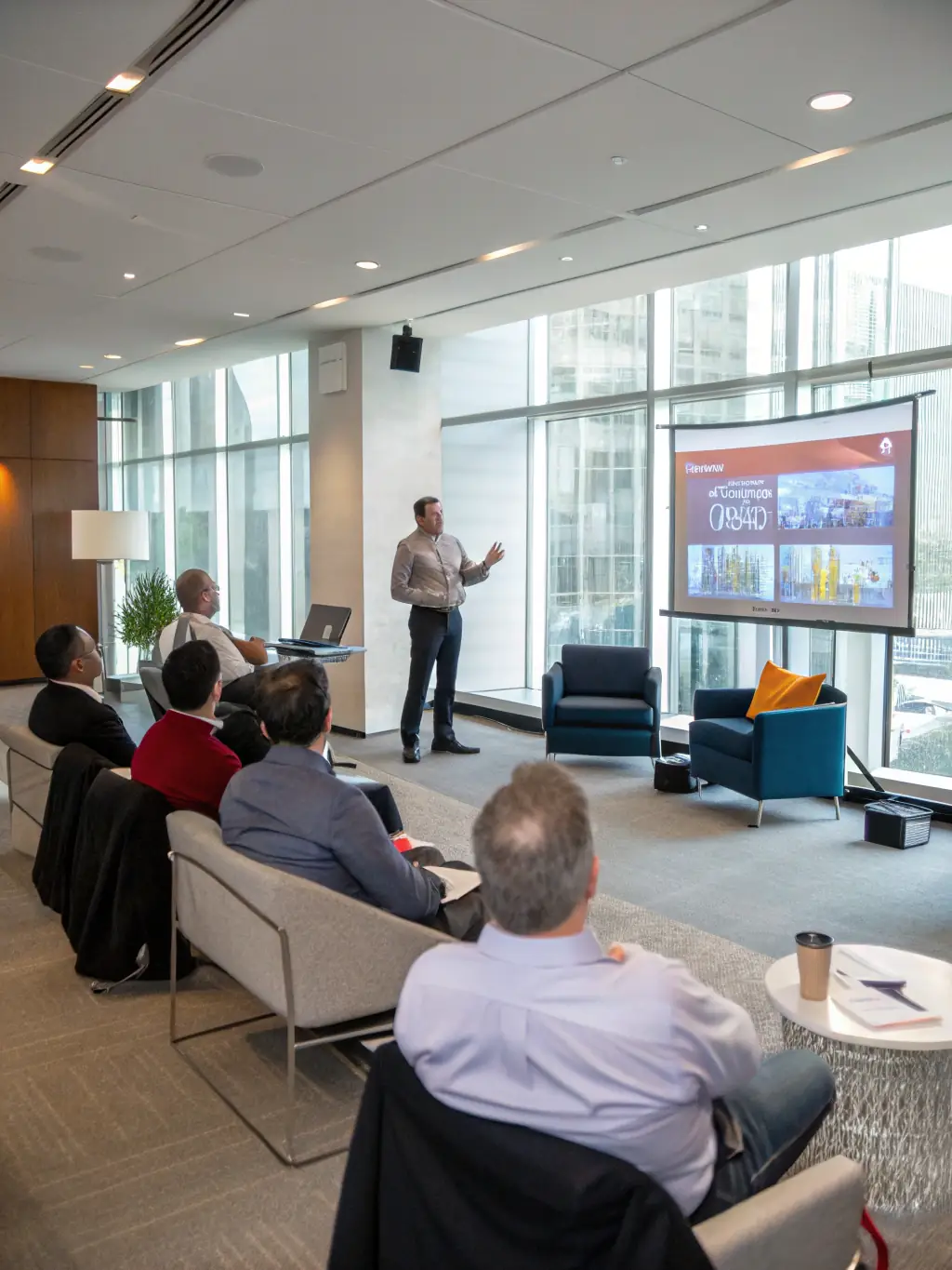 A photograph of a diverse group of investors attentively listening to a startup pitch during a session at the ViabilityBox conference, showcasing active engagement.