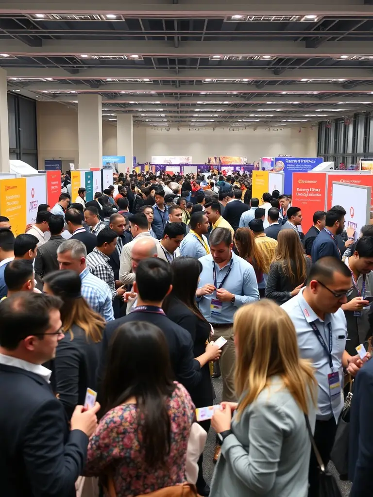 A photograph of a bustling networking event at the ViabilityBox conference, with investors and startup founders engaging in conversations and exchanging business cards.